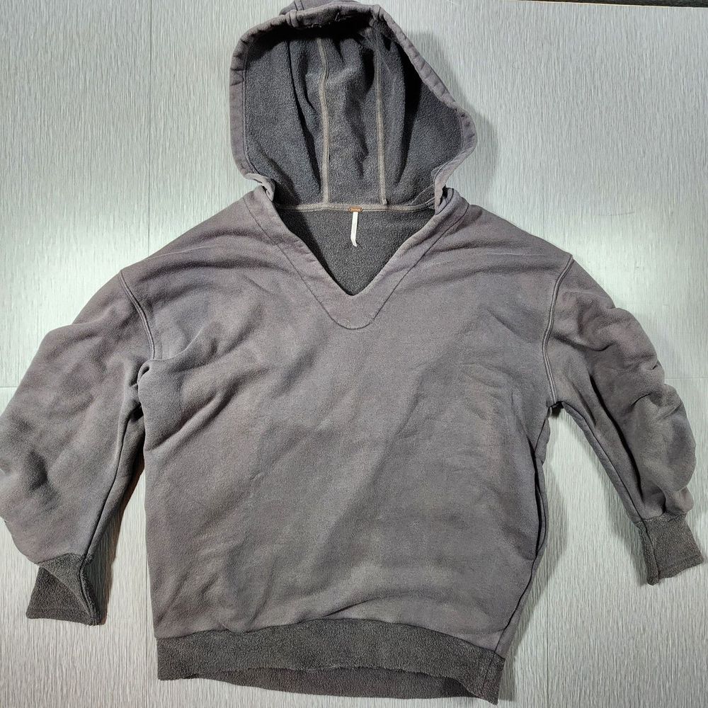 Free People Pullover Sweatshirt Women Small Cotton French Terry Gray V-Neck Hood
